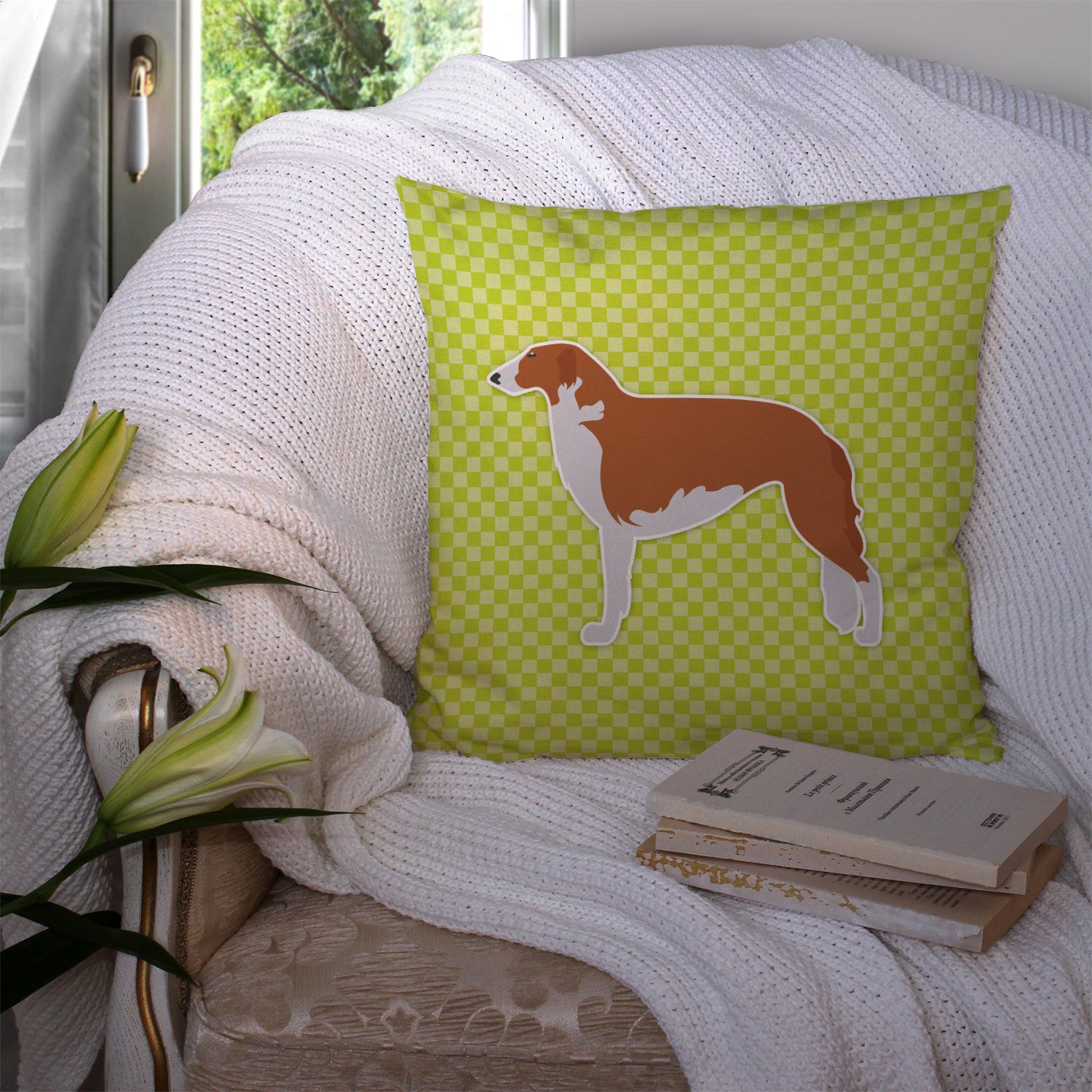 Borzoi Russian Greyhound Checkerboard Green Fabric Decorative Pillow BB3799PW1414 - the-store.com