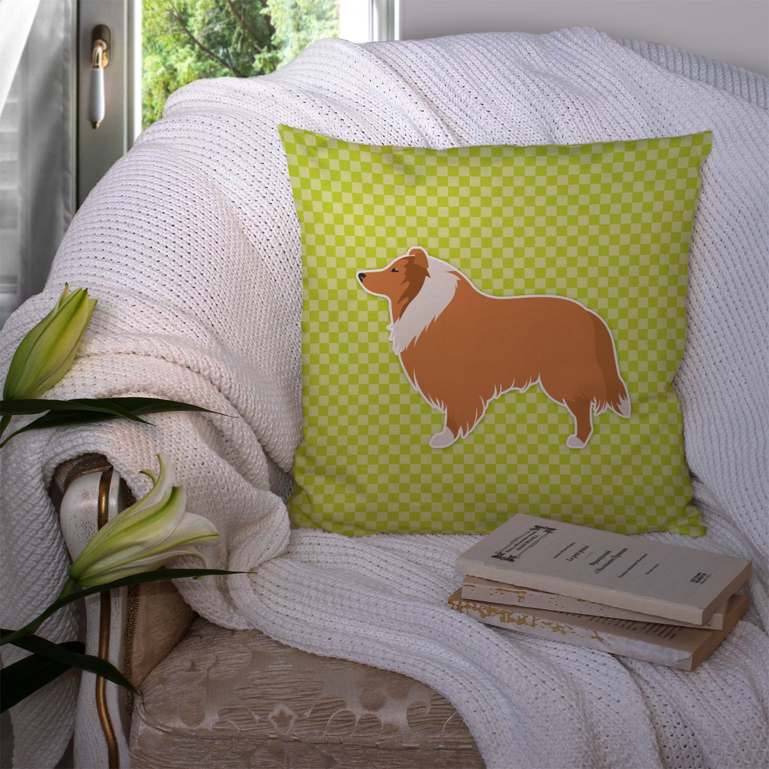 Collie Checkerboard Green Fabric Decorative Pillow BB3816PW1414 - the-store.com