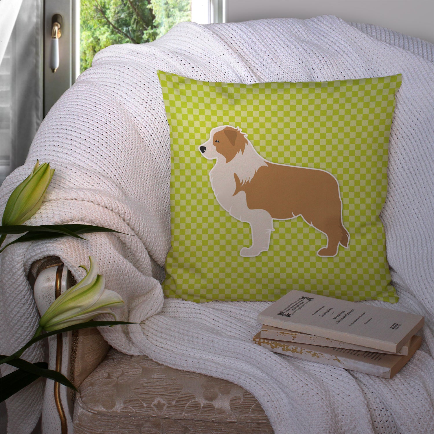 Red Border Collie Checkerboard Green Fabric Decorative Pillow BB3822PW1414 - the-store.com