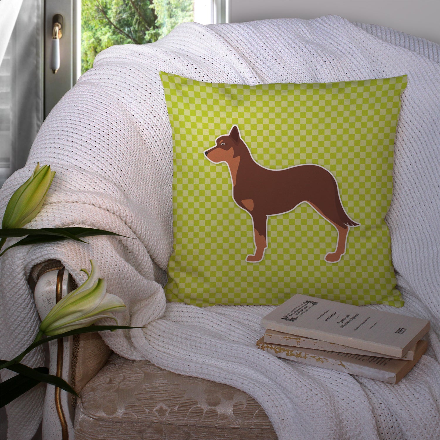 Australian Kelpie Dog Checkerboard Green Fabric Decorative Pillow BB3829PW1414 - the-store.com