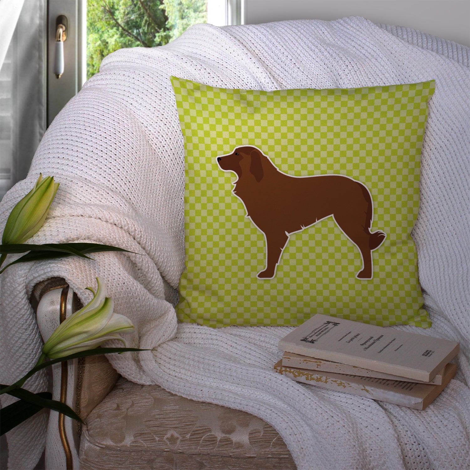 Portuguese Sheepdog Dog Checkerboard Green Fabric Decorative Pillow BB3831PW1414 - the-store.com