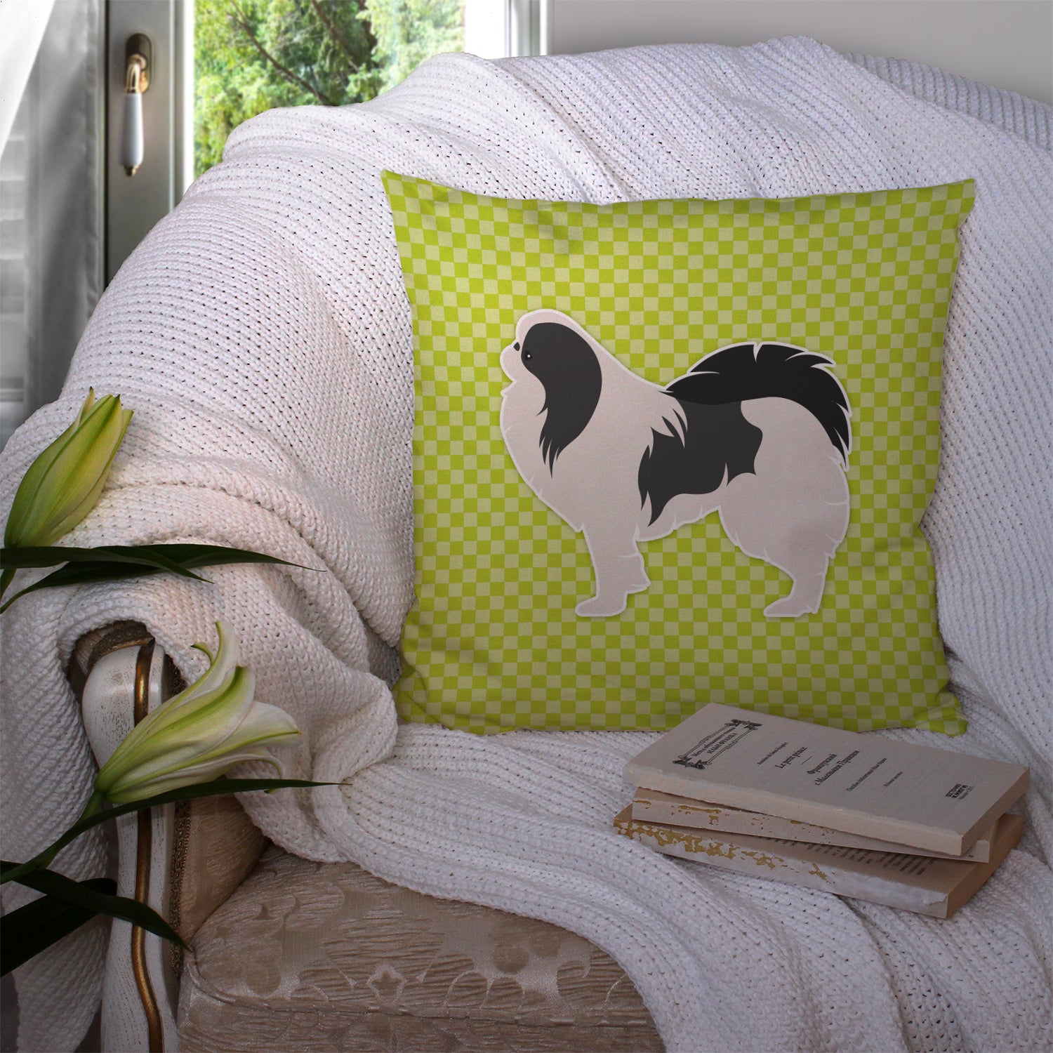 Japanese Chin Checkerboard Green Fabric Decorative Pillow BB3837PW1414 - the-store.com