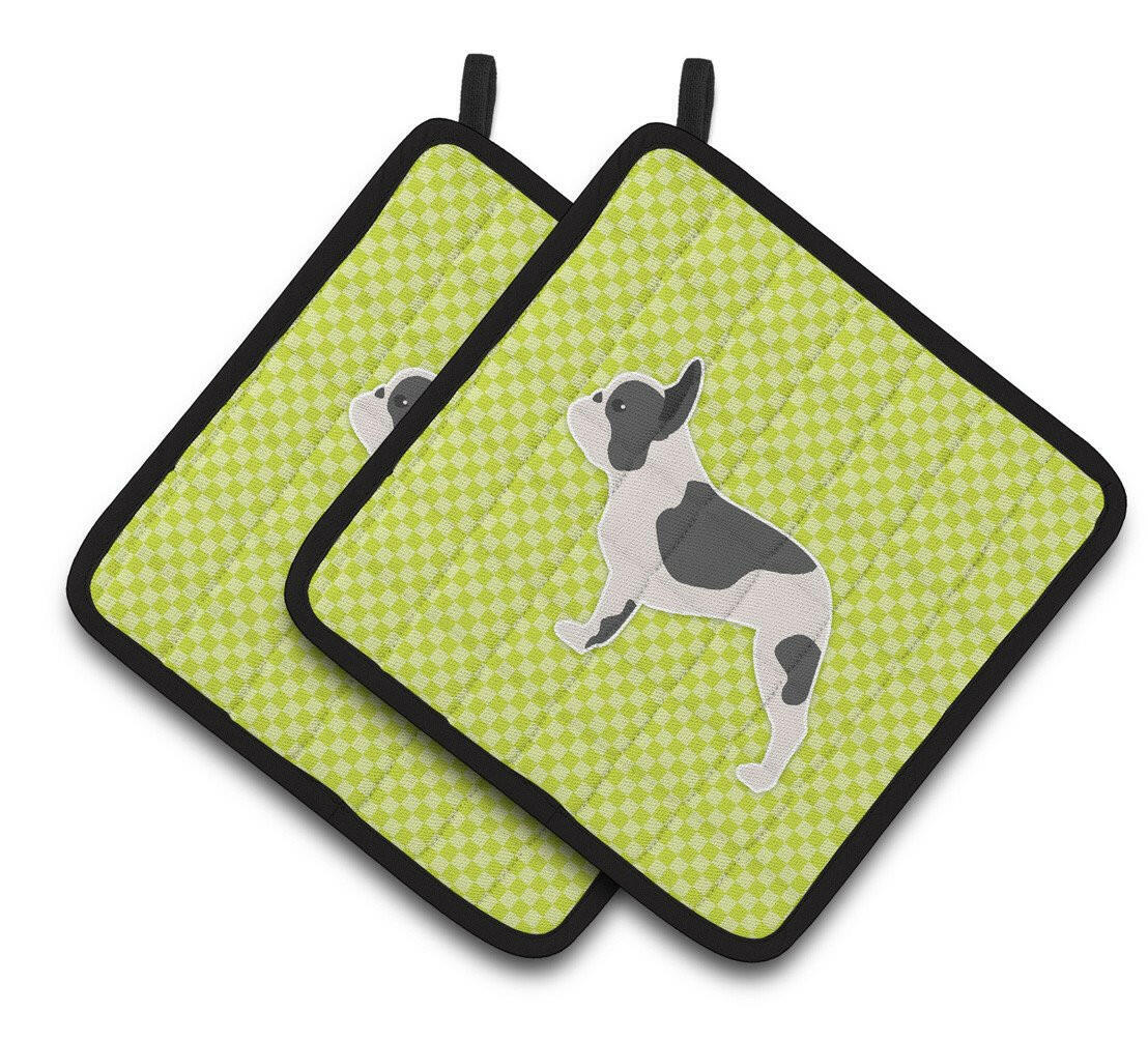 French Bulldog Checkerboard Green Pair of Pot Holders BB3841PTHD by Caroline&#39;s Treasures