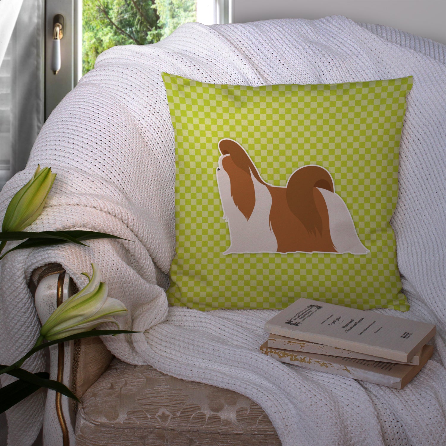 Shih Tzu Checkerboard Green Fabric Decorative Pillow BB3846PW1414 - the-store.com