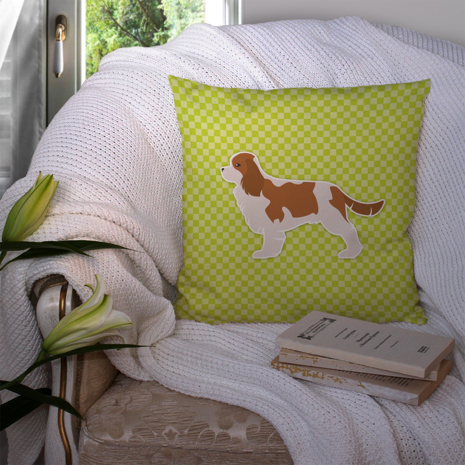 Cavalier King Charles Spaniel Checkerboard Green Fabric Decorative Pillow BB3849PW1414 - the-store.com