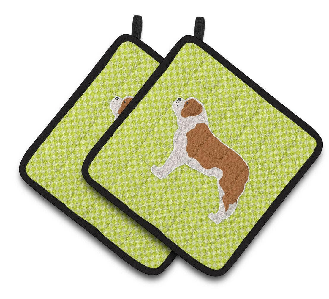 Saint Bernard Checkerboard Green Pair of Pot Holders BB3876PTHD by Caroline&#39;s Treasures