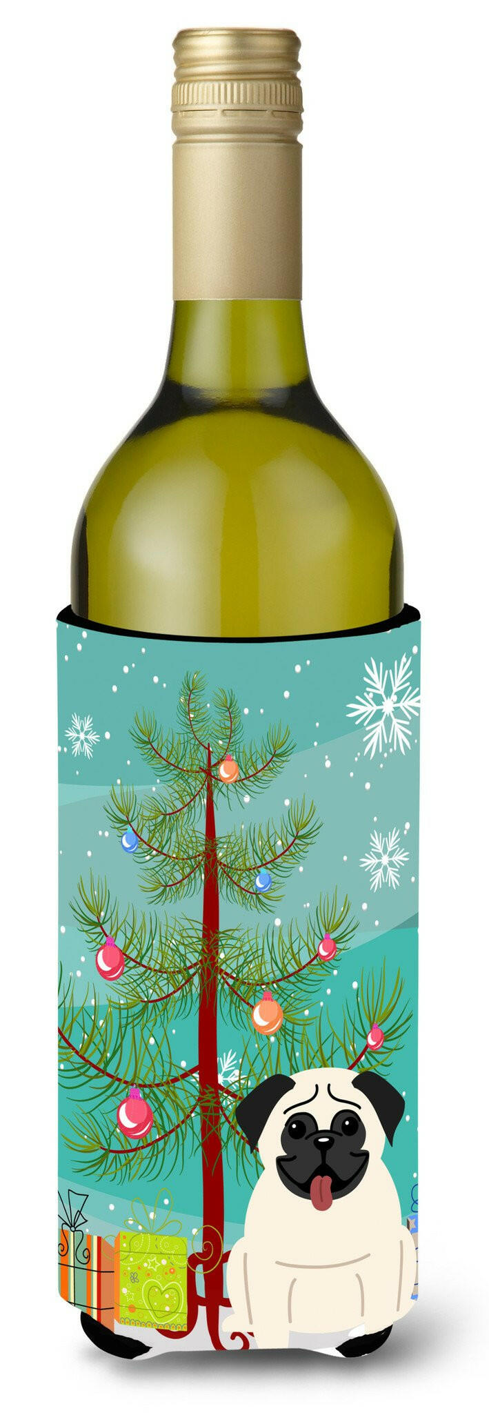 Merry Christmas Tree Pug Cream Wine Bottle Beverge Insulator Hugger BB4129LITERK by Caroline&#39;s Treasures