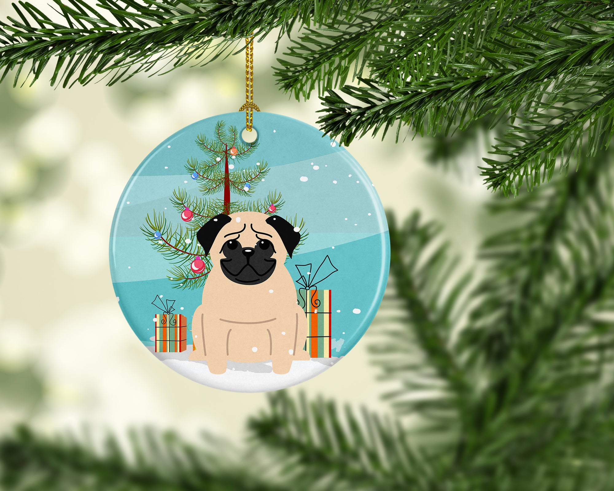 Merry Christmas Tree Pug Fawn Ceramic Ornament BB4133CO1 - the-store.com