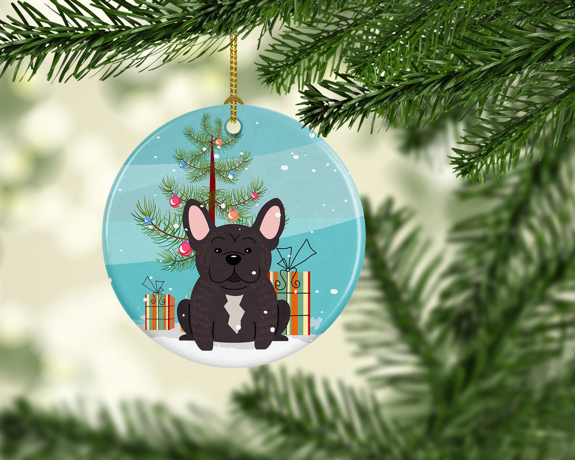 Merry Christmas Tree French Bulldog Brindle Ceramic Ornament BB4134CO1 - the-store.com