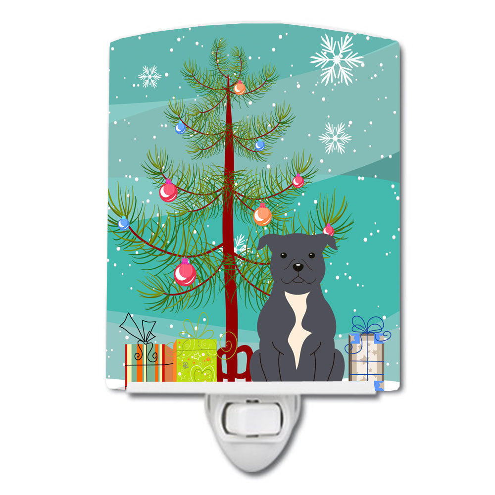 Merry Christmas Tree Staffordshire Bull Terrier Blue Ceramic Night Light BB4171CNL - the-store.com