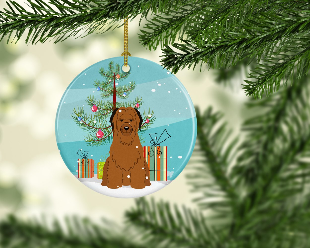 Merry Christmas Tree Briard Brown Ceramic Ornament BB4207CO1 by Caroline's Treasures