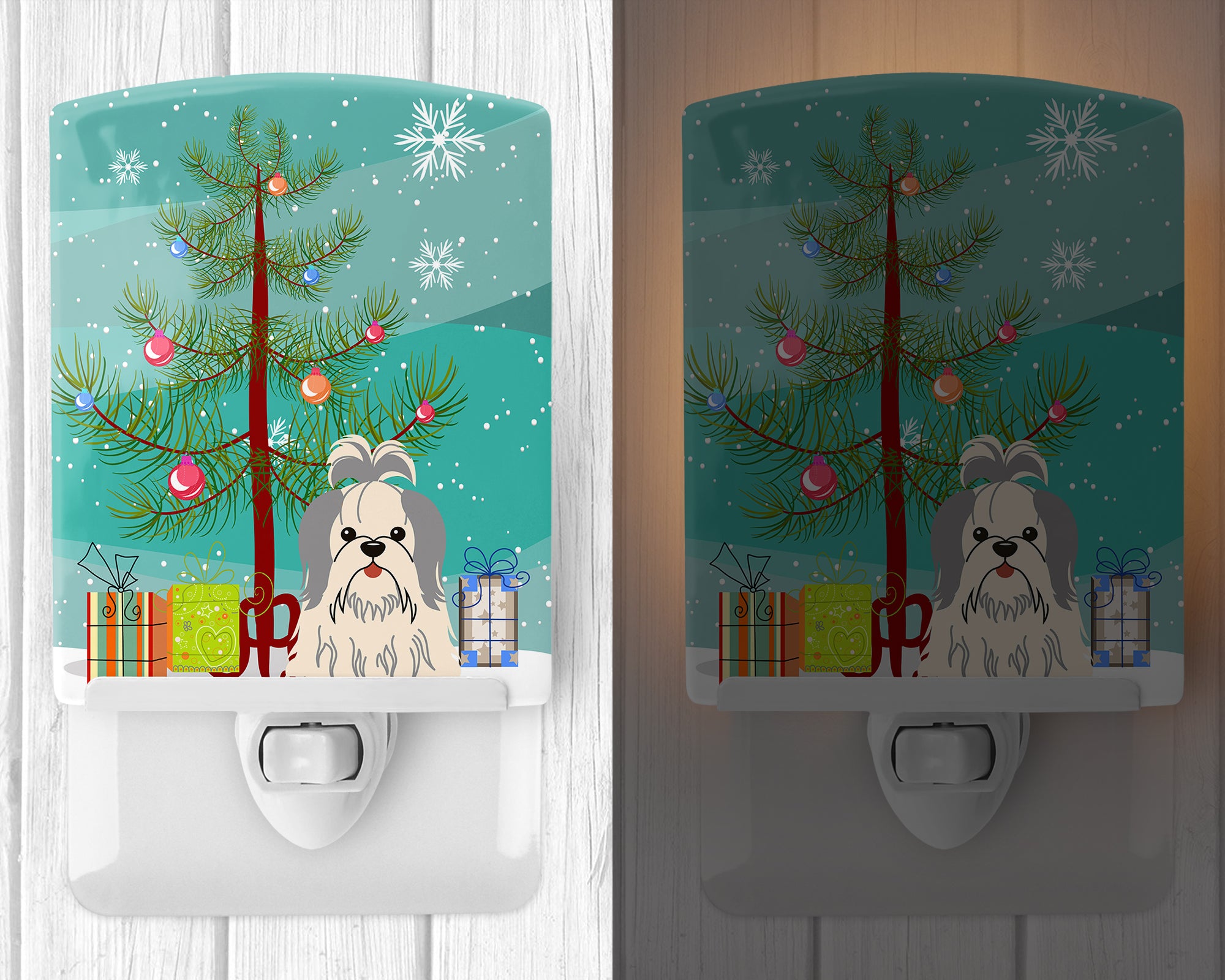 Merry Christmas Tree Shih Tzu Silver White Ceramic Night Light BB4210CNL - the-store.com