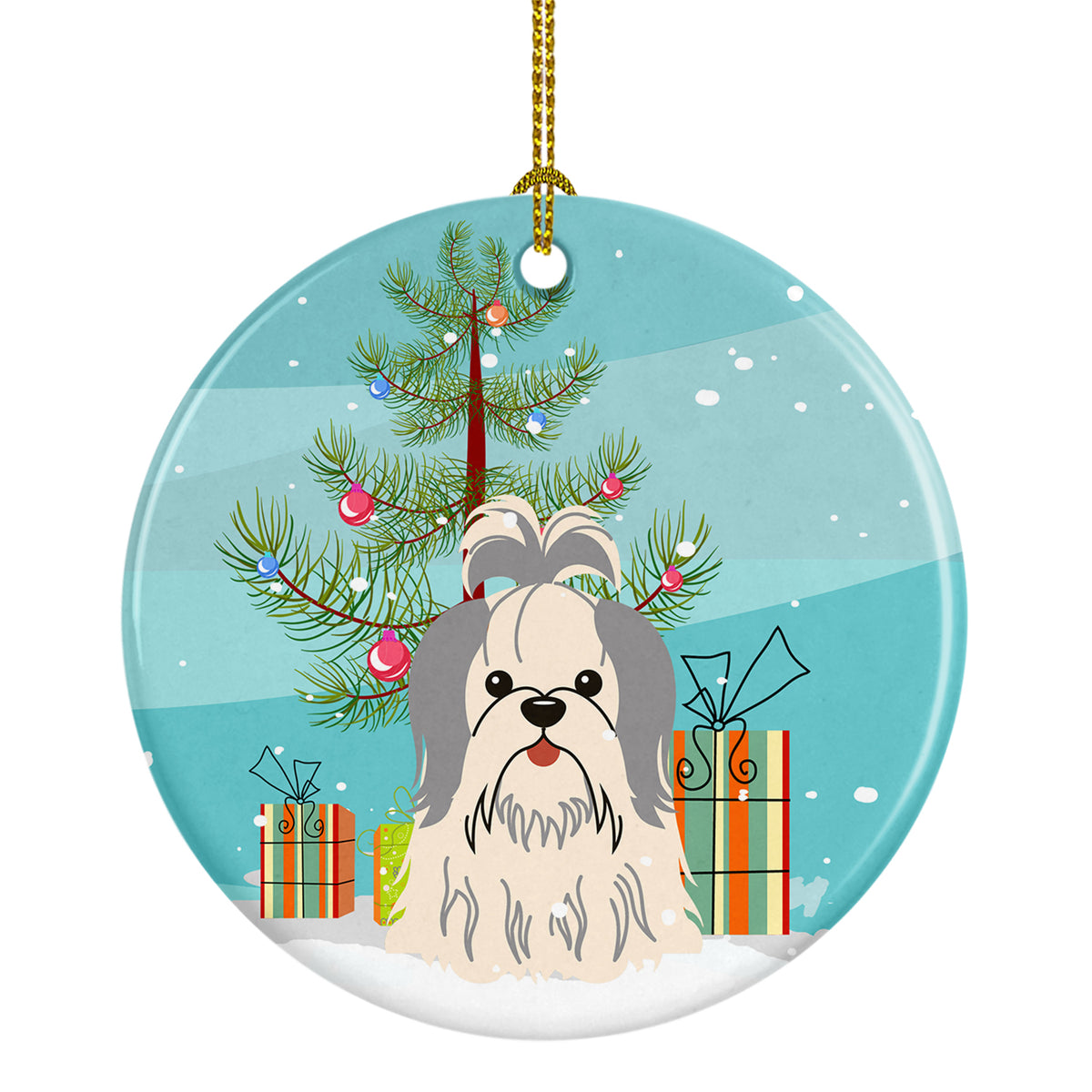 Merry Christmas Tree Shih Tzu Silver White Ceramic Ornament BB4210CO1 - the-store.com