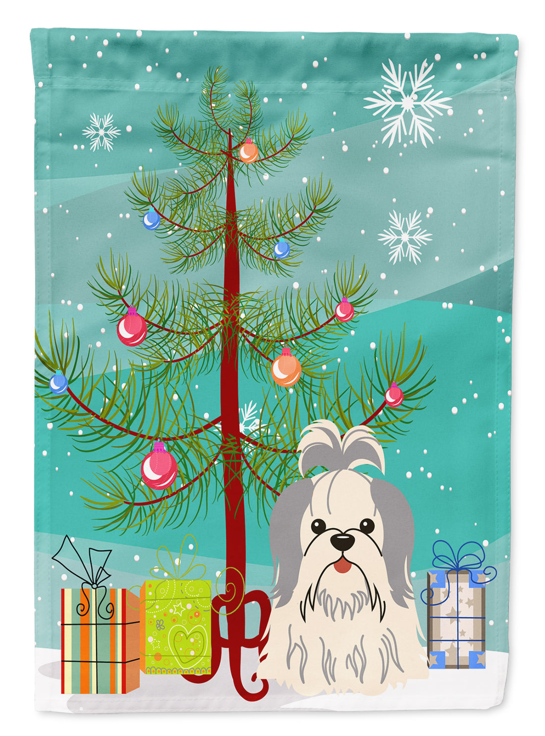 Merry Christmas Tree Shih Tzu Silver White Flag Garden Size BB4210GF  the-store.com.