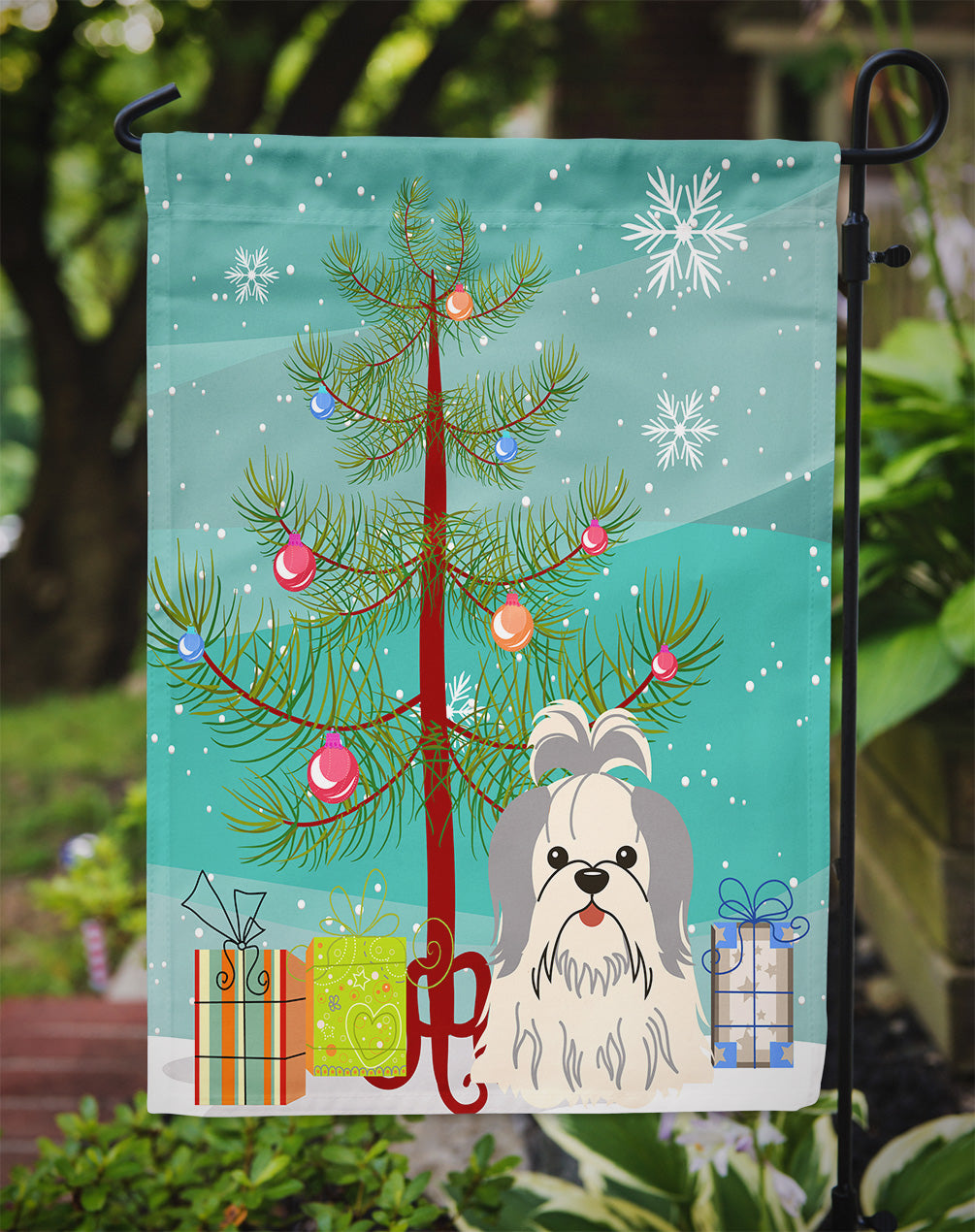 Merry Christmas Tree Shih Tzu Silver White Flag Garden Size BB4210GF  the-store.com.