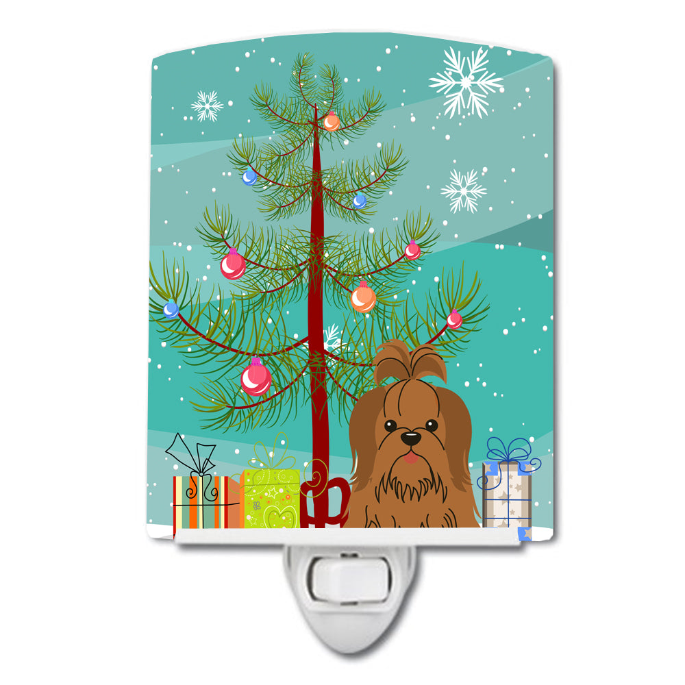 Merry Christmas Tree Shih Tzu Silver Chocolate Ceramic Night Light BB4211CNL - the-store.com