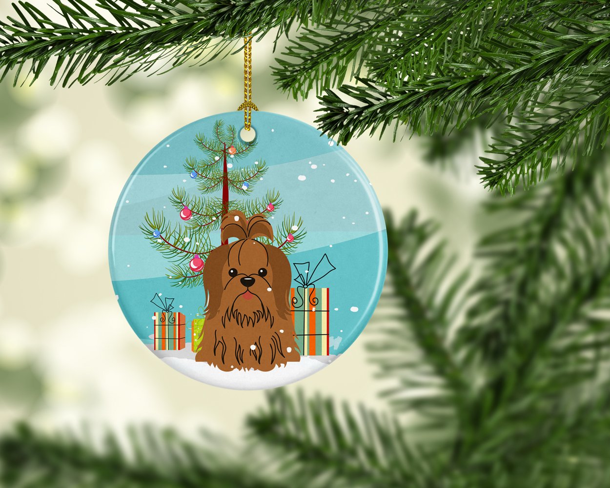 Merry Christmas Tree Shih Tzu Silver Chocolate Ceramic Ornament BB4211CO1 by Caroline's Treasures