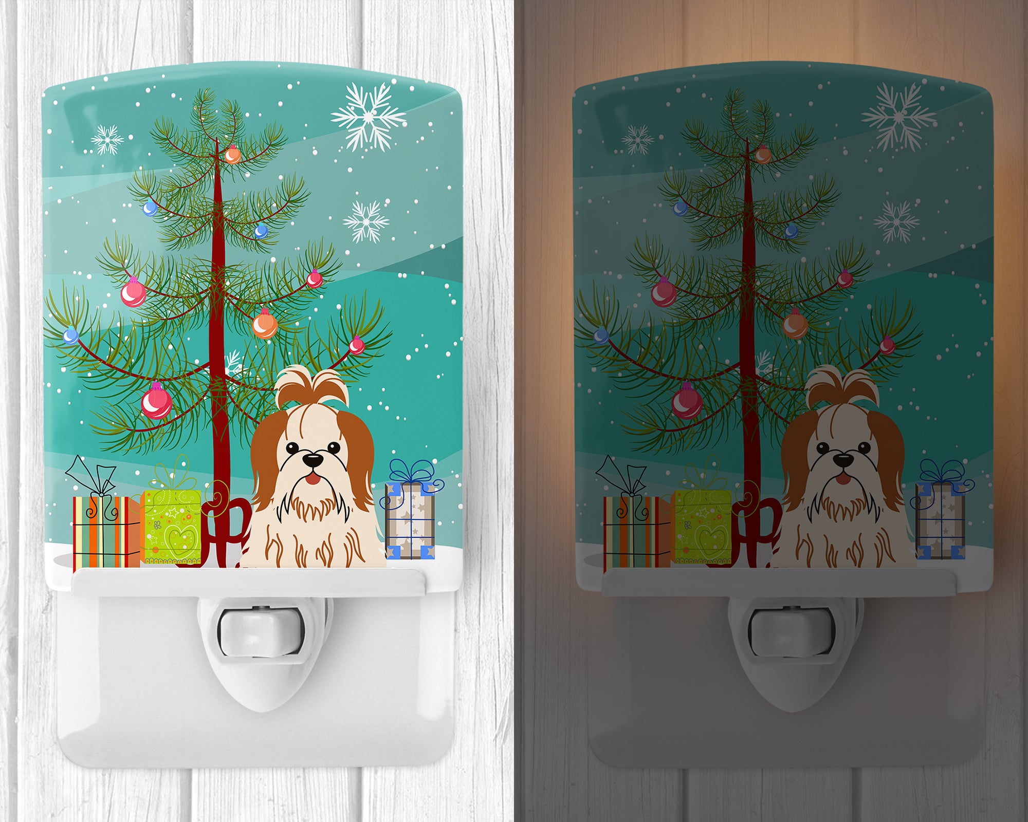 Merry Christmas Tree Shih Tzu Red White Ceramic Night Light BB4212CNL - the-store.com