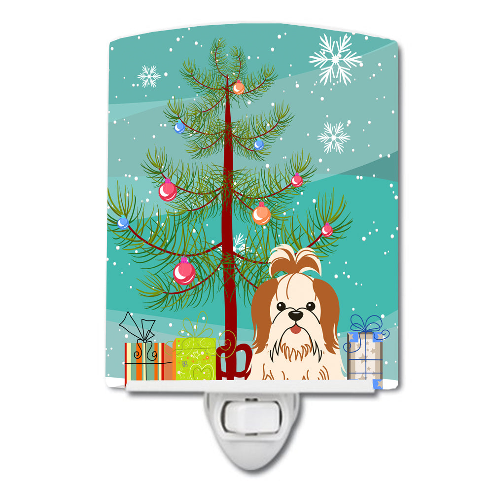 Merry Christmas Tree Shih Tzu Red White Ceramic Night Light BB4212CNL - the-store.com