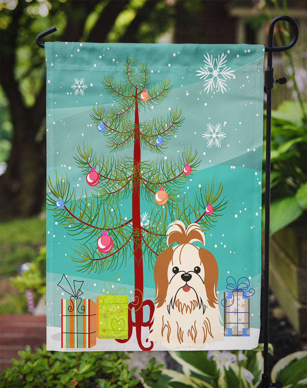 Merry Christmas Tree Shih Tzu Red White Flag Garden Size BB4212GF  the-store.com.