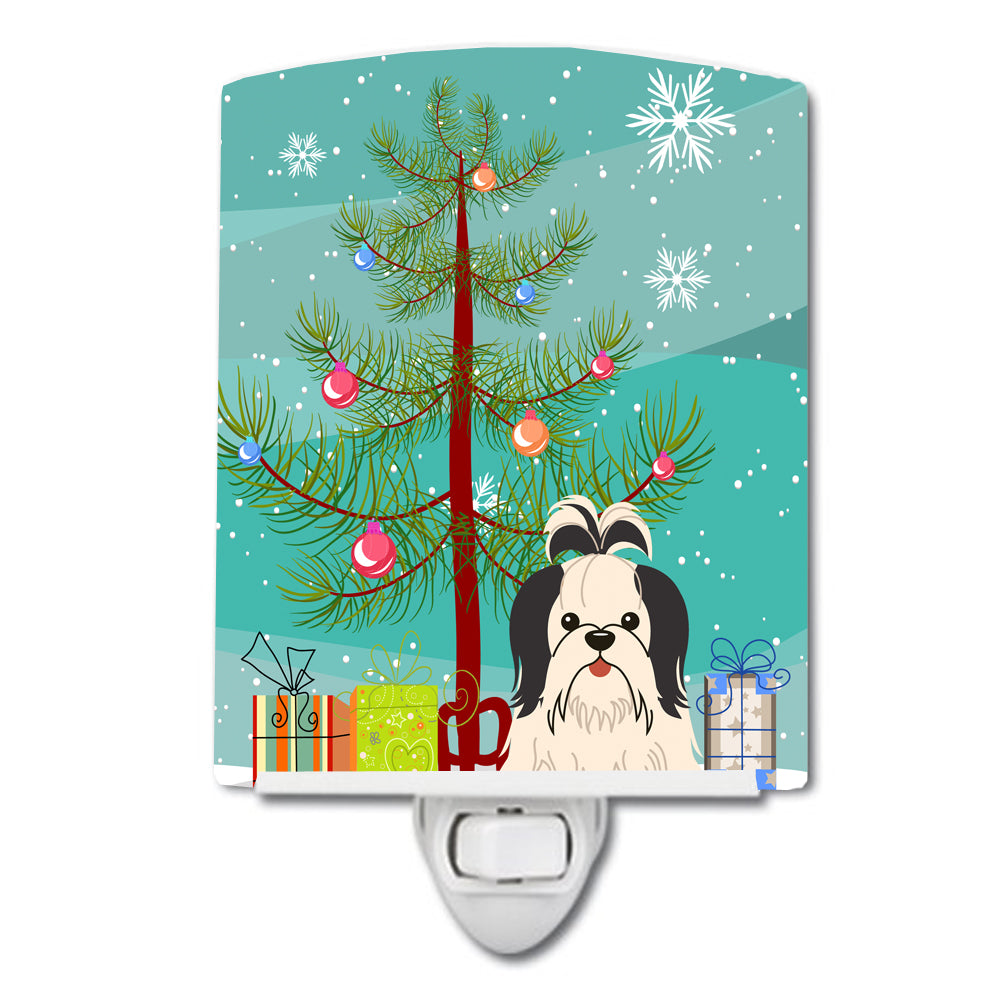 Merry Christmas Tree Shih Tzu Black White Ceramic Night Light BB4213CNL - the-store.com