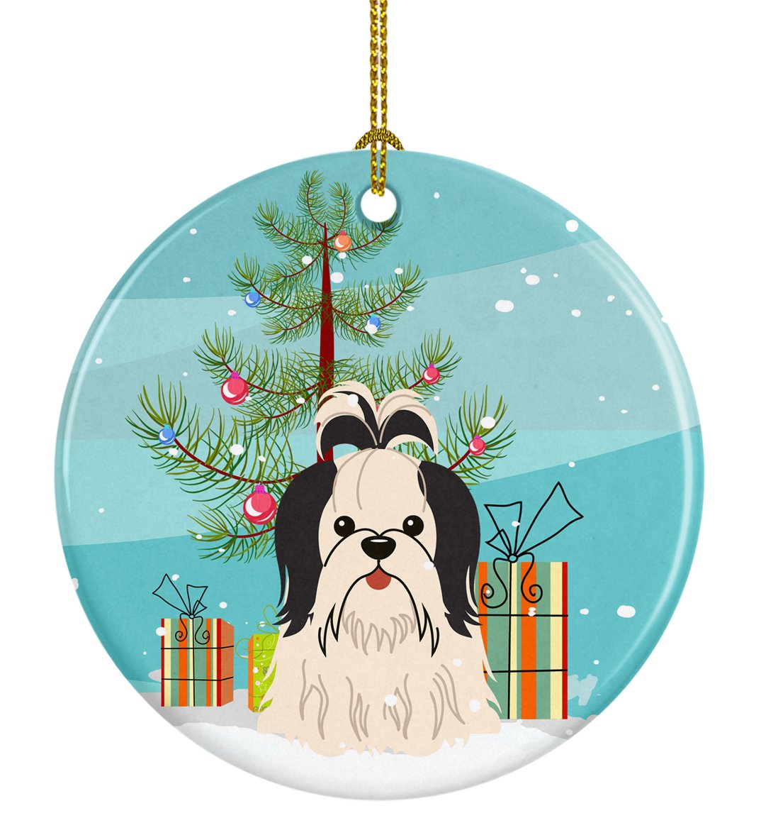 Merry Christmas Tree Shih Tzu Black White Ceramic Ornament BB4213CO1 by Caroline&#39;s Treasures