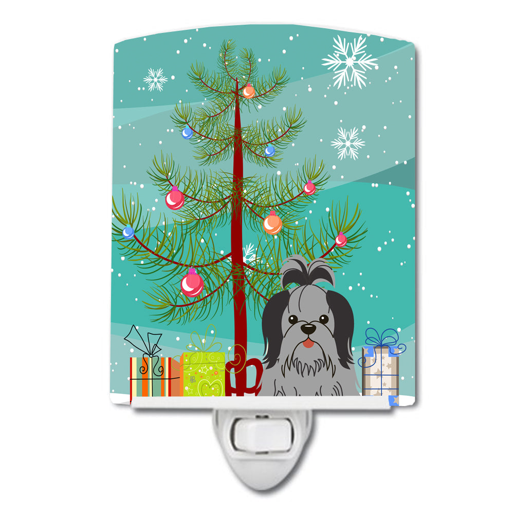 Merry Christmas Tree Shih Tzu Black Silver Ceramic Night Light BB4214CNL - the-store.com