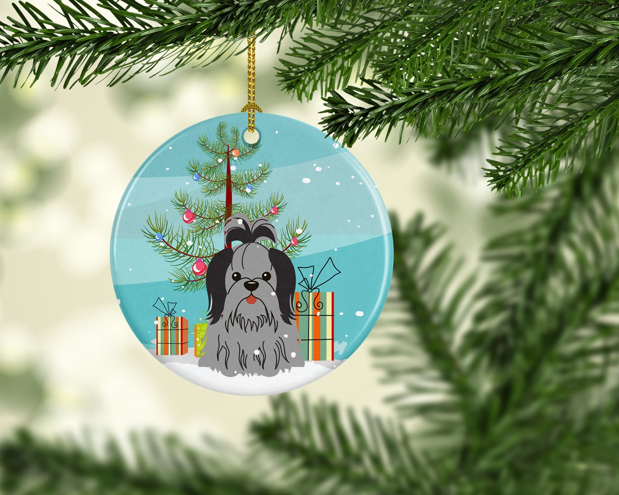 Merry Christmas Tree Shih Tzu Black Silver Ceramic Ornament BB4214CO1 by Caroline's Treasures