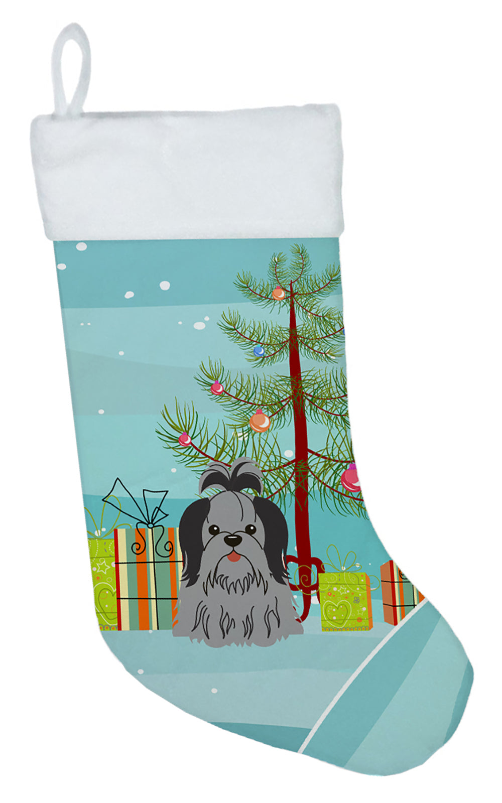 Merry Christmas Tree Shih Tzu Black Silver Christmas Stocking BB4214CS  the-store.com.