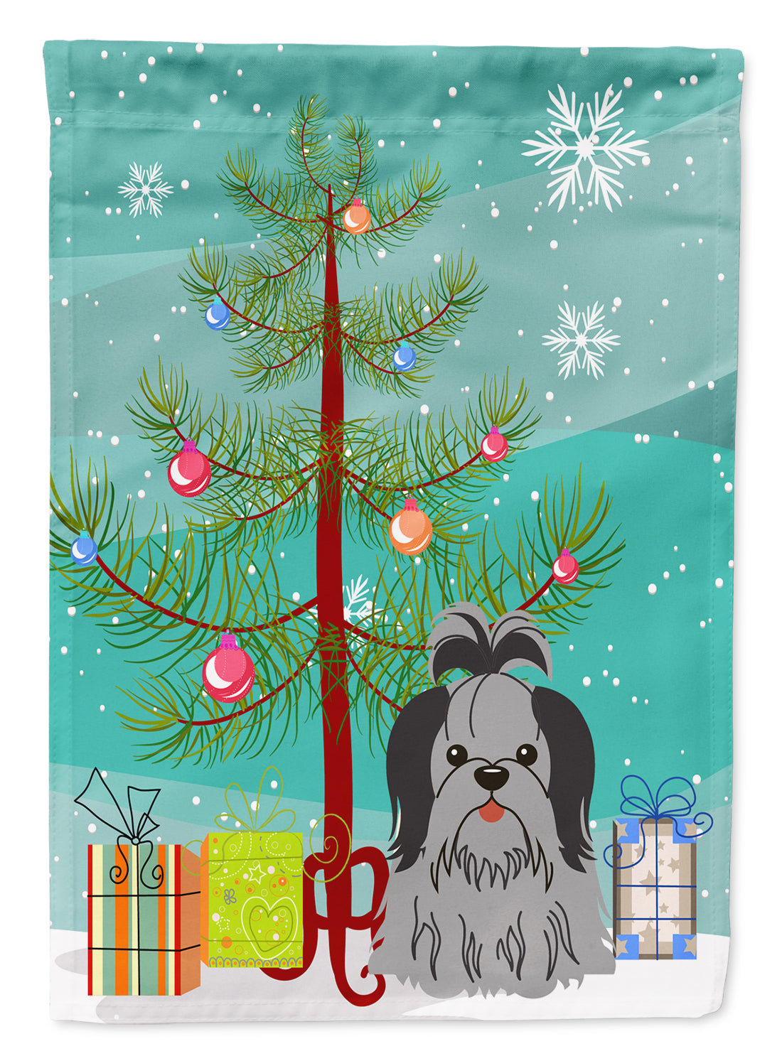 Merry Christmas Tree Shih Tzu Black Silver Flag Garden Size BB4214GF  the-store.com.