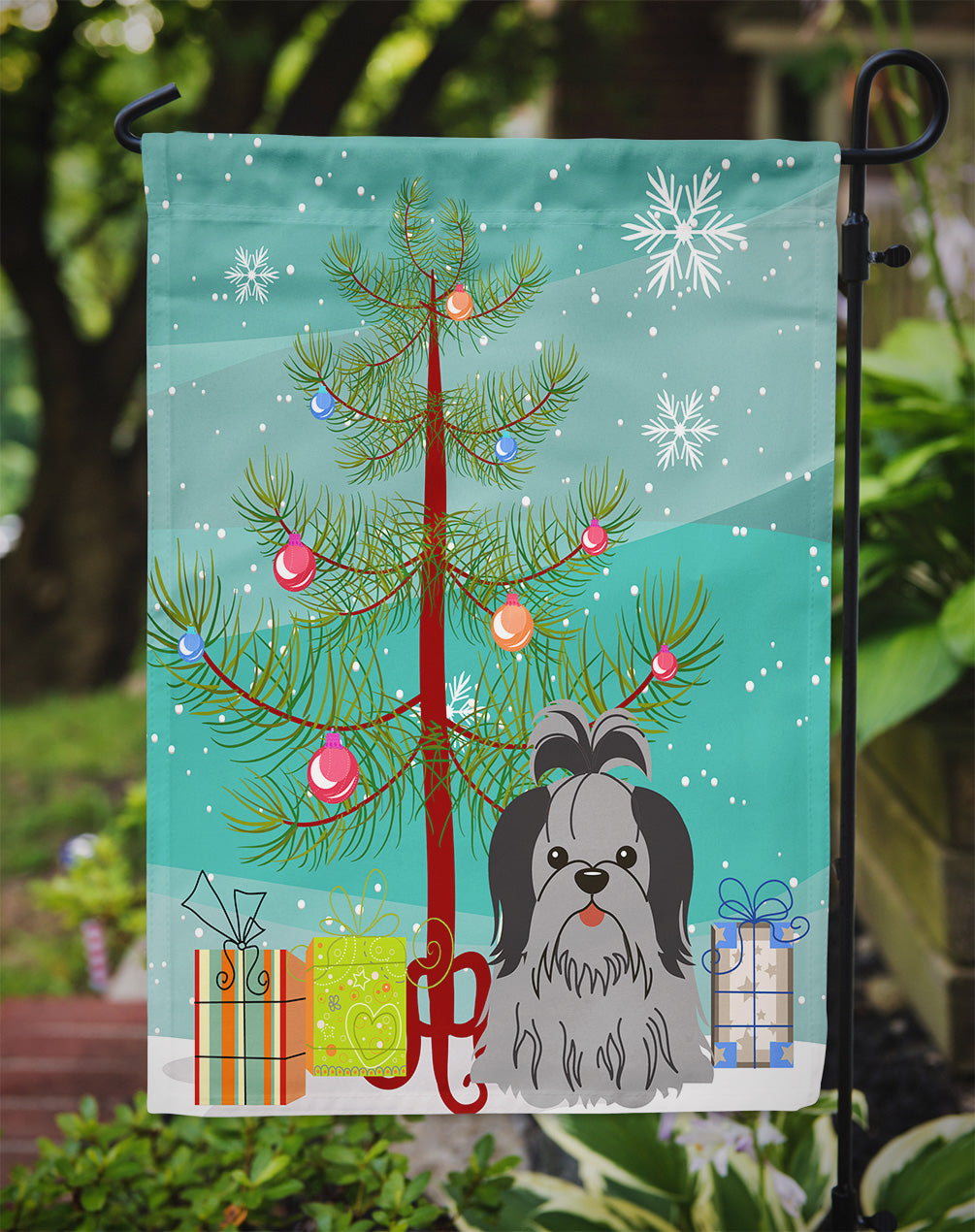 Merry Christmas Tree Shih Tzu Black Silver Flag Garden Size BB4214GF  the-store.com.