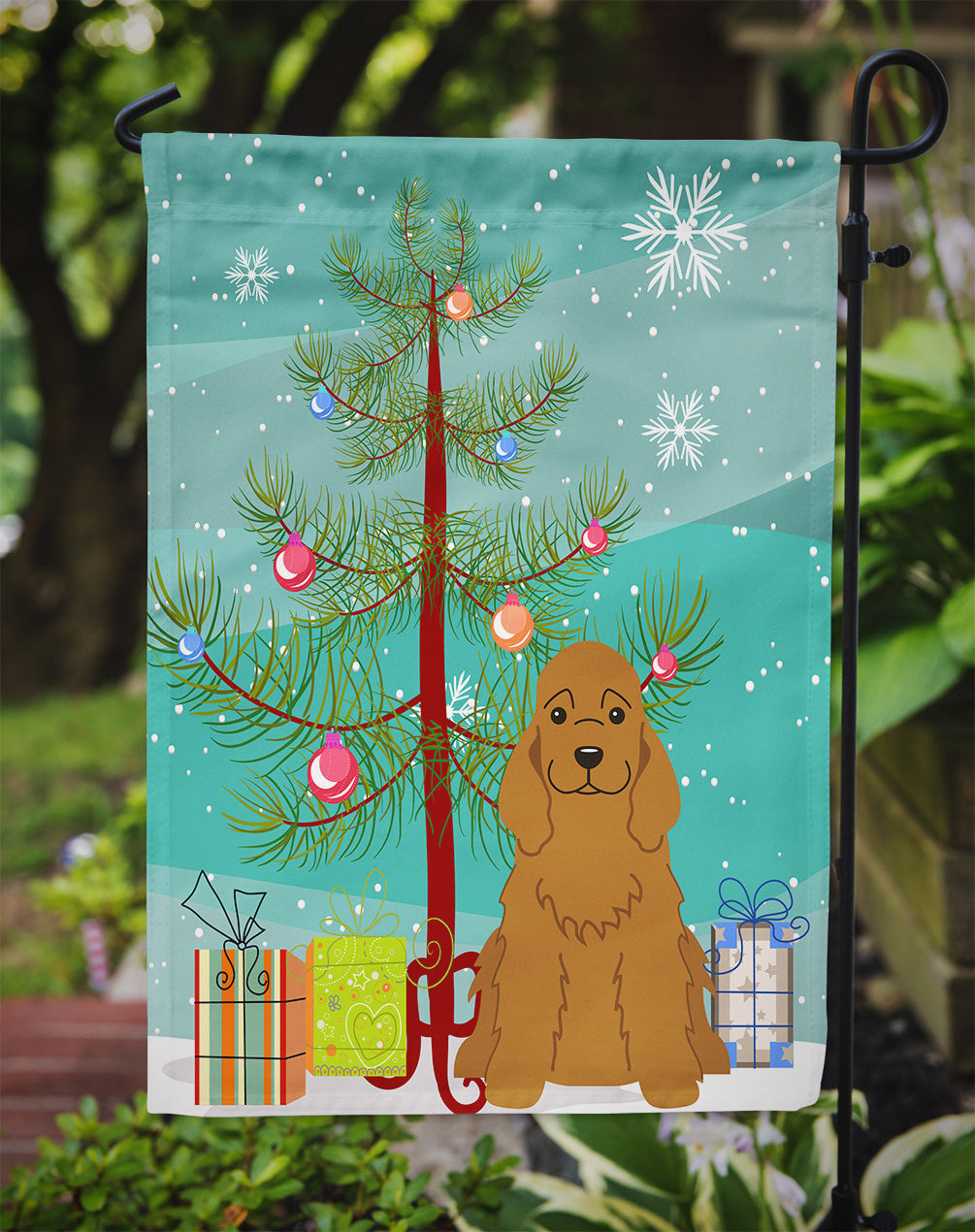 Merry Christmas Tree Cocker Spaniel Red Flag Garden Size BB4220GF  the-store.com.