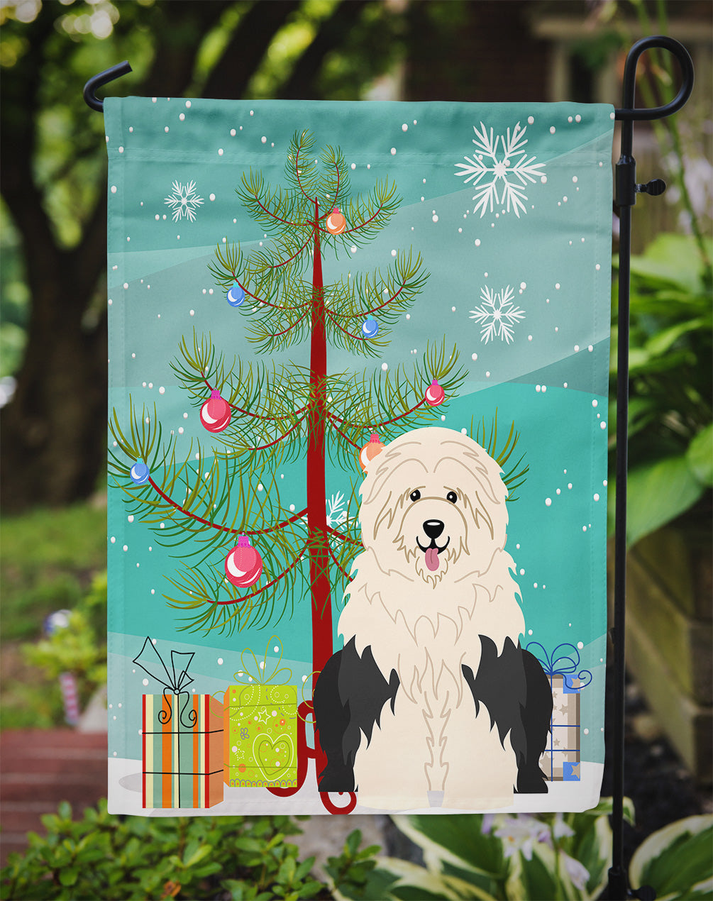 Merry Christmas Tree Old English Sheepdog Flag Garden Size BB4221GF  the-store.com.