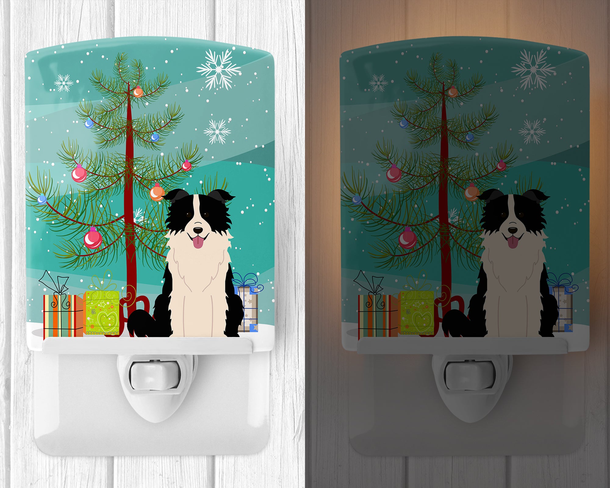 Merry Christmas Tree Border Collie Black White Ceramic Night Light BB4243CNL - the-store.com