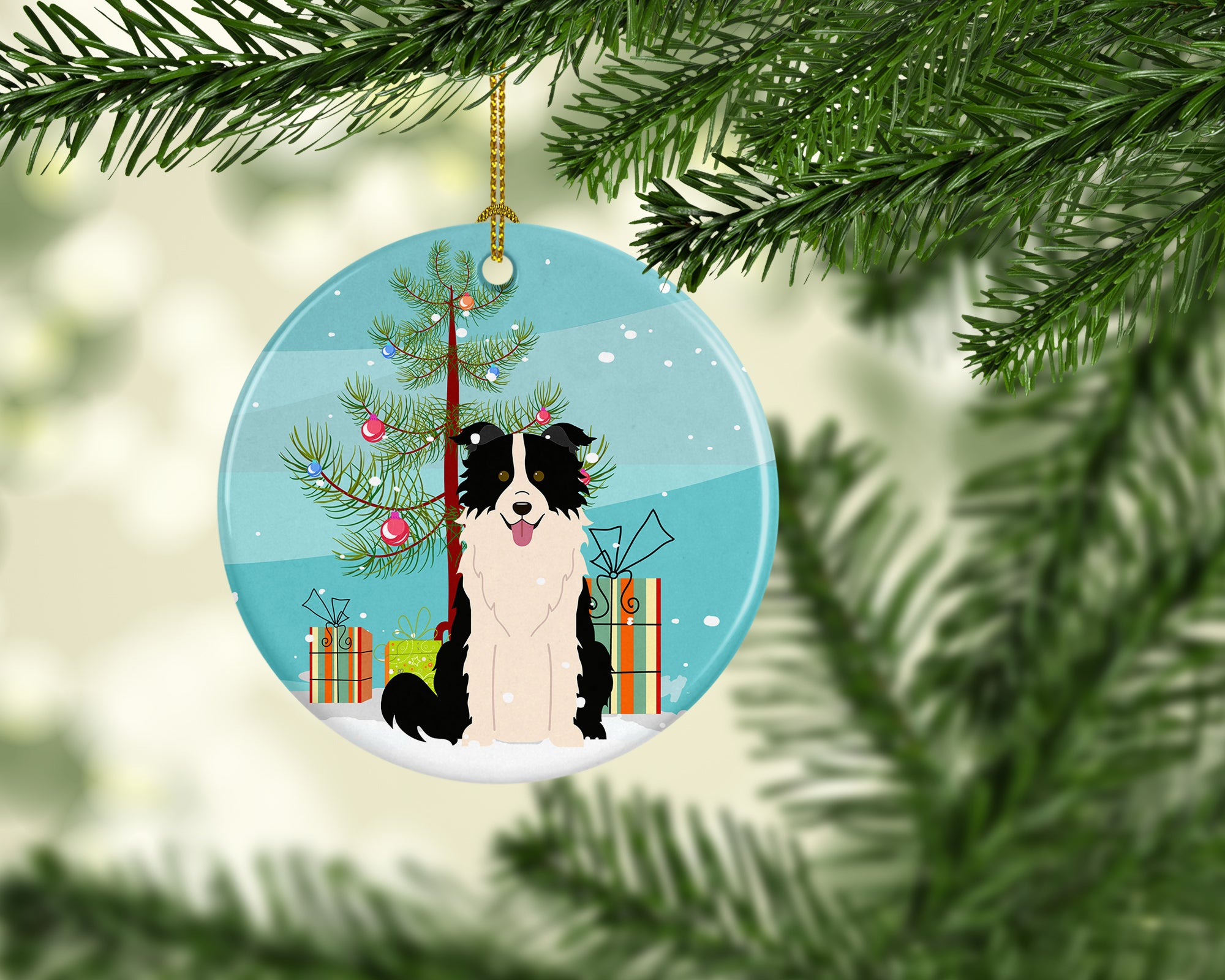 Merry Christmas Tree Border Collie Black White Ceramic Ornament BB4243CO1 - the-store.com