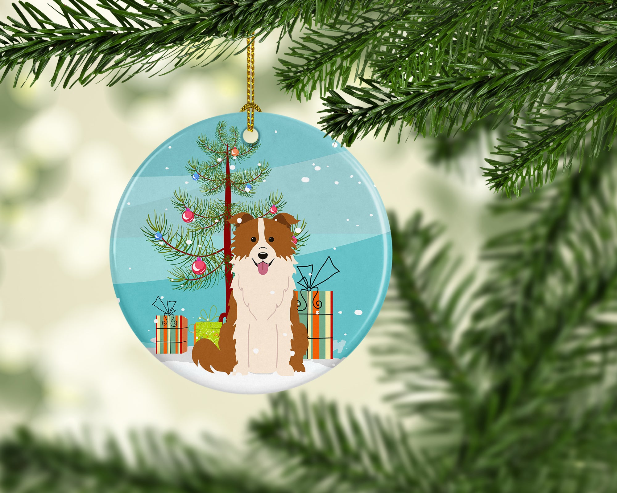 Merry Christmas Tree Border Collie Red White Ceramic Ornament BB4244CO1 - the-store.com