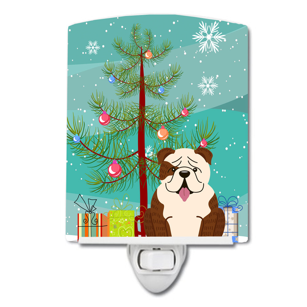 Merry Christmas Tree English Bulldog Brindle White Ceramic Night Light BB4246CNL - the-store.com