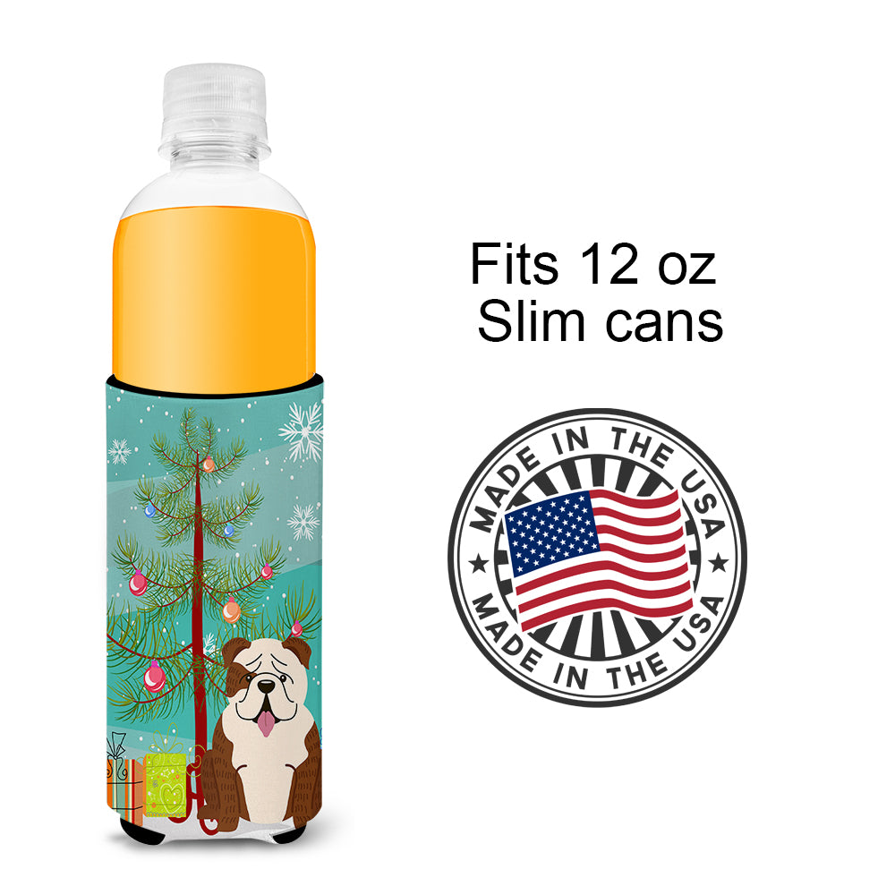 Merry Christmas Tree English Bulldog Brindle White  Ultra Hugger for slim cans BB4246MUK  the-store.com.