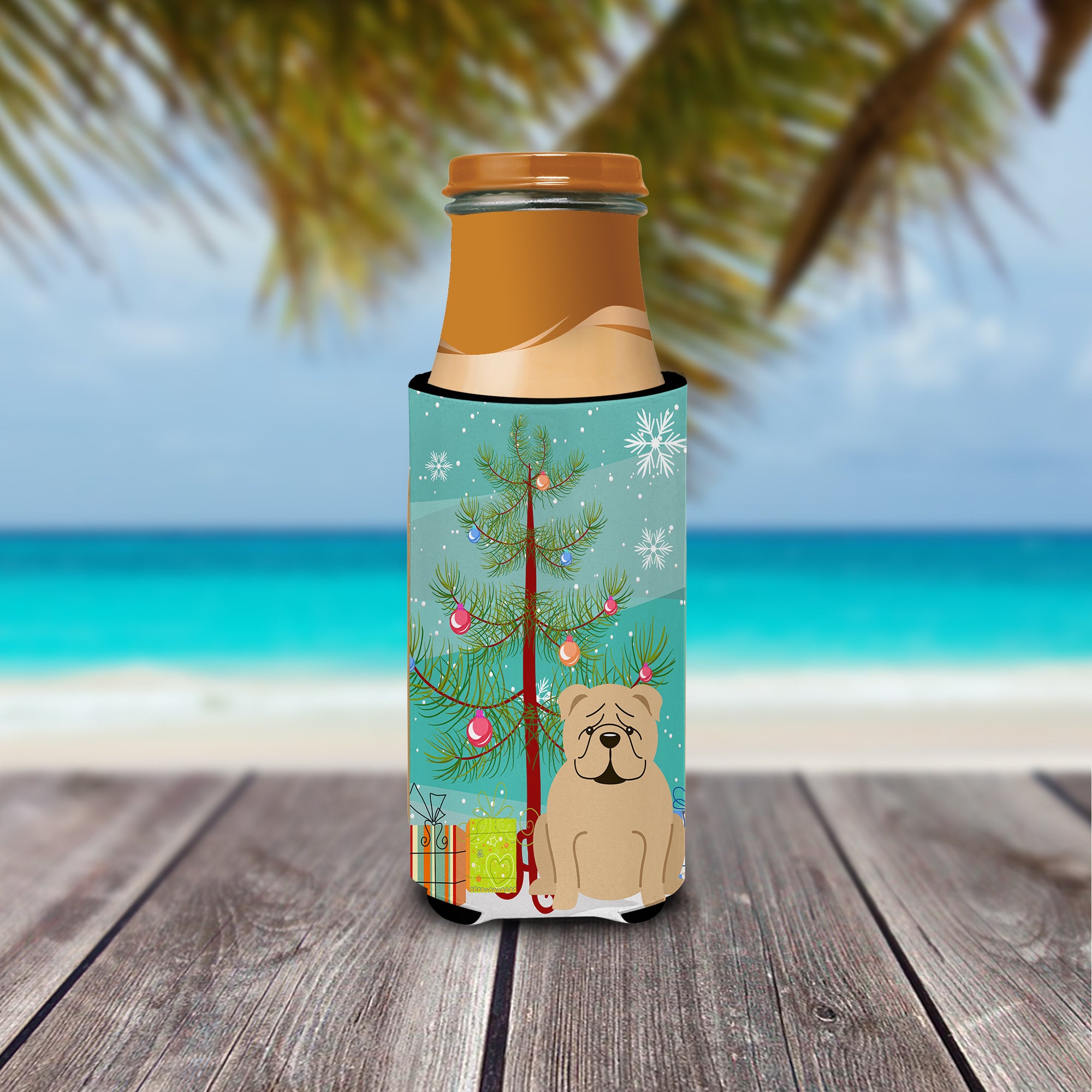 Merry Christmas Tree English Bulldog Fawn  Ultra Hugger for slim cans BB4249MUK  the-store.com.