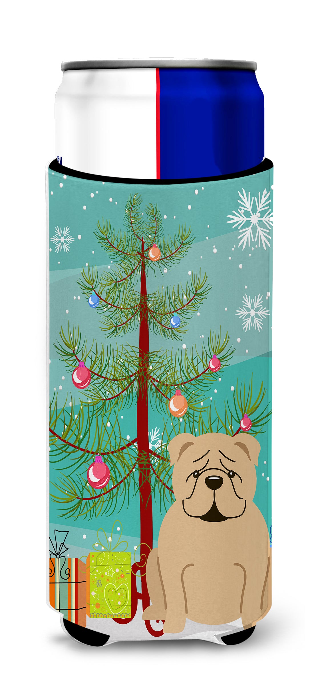 Merry Christmas Tree English Bulldog Fawn  Ultra Hugger for slim cans BB4249MUK  the-store.com.