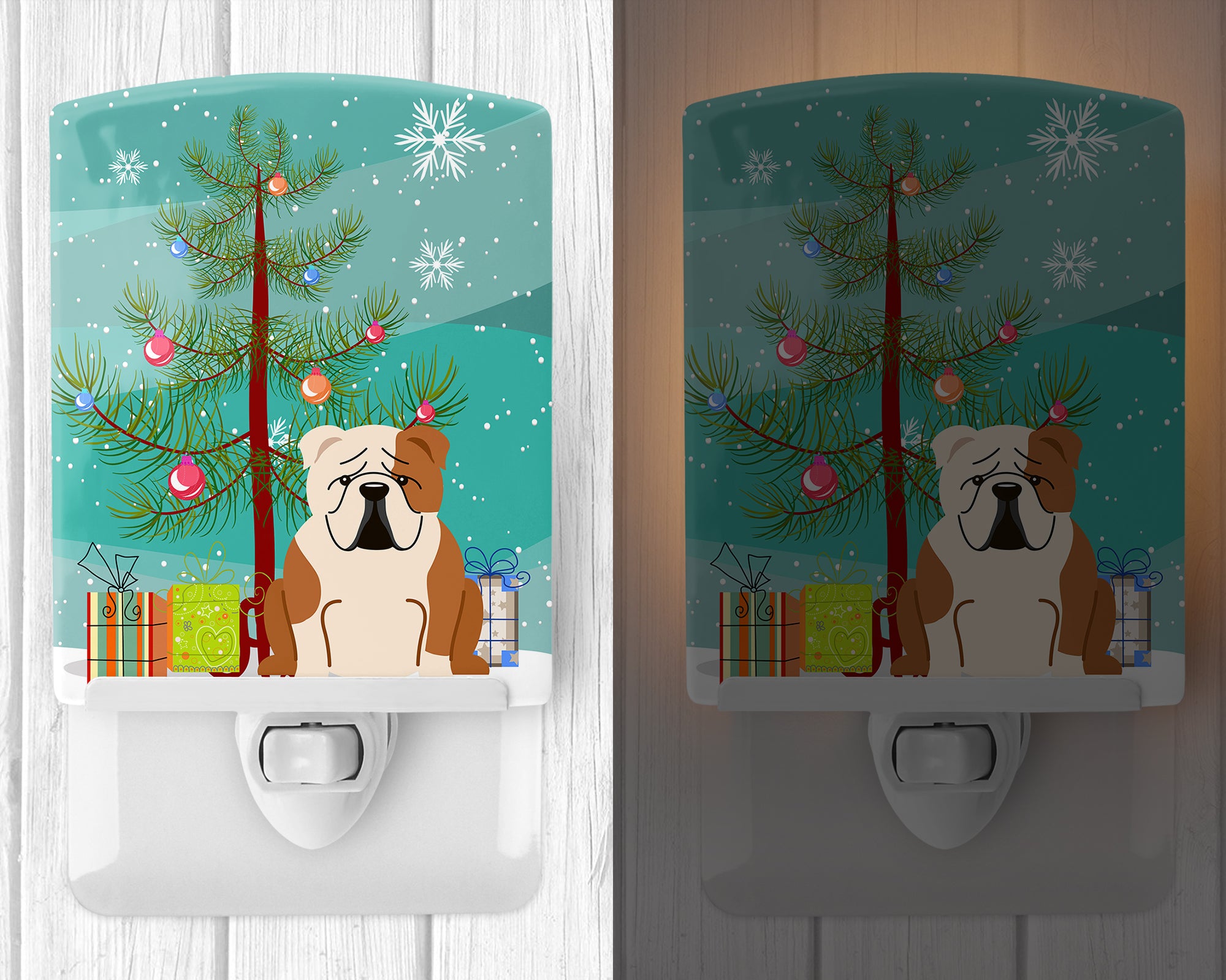 Merry Christmas Tree English Bulldog Fawn White Ceramic Night Light BB4250CNL - the-store.com