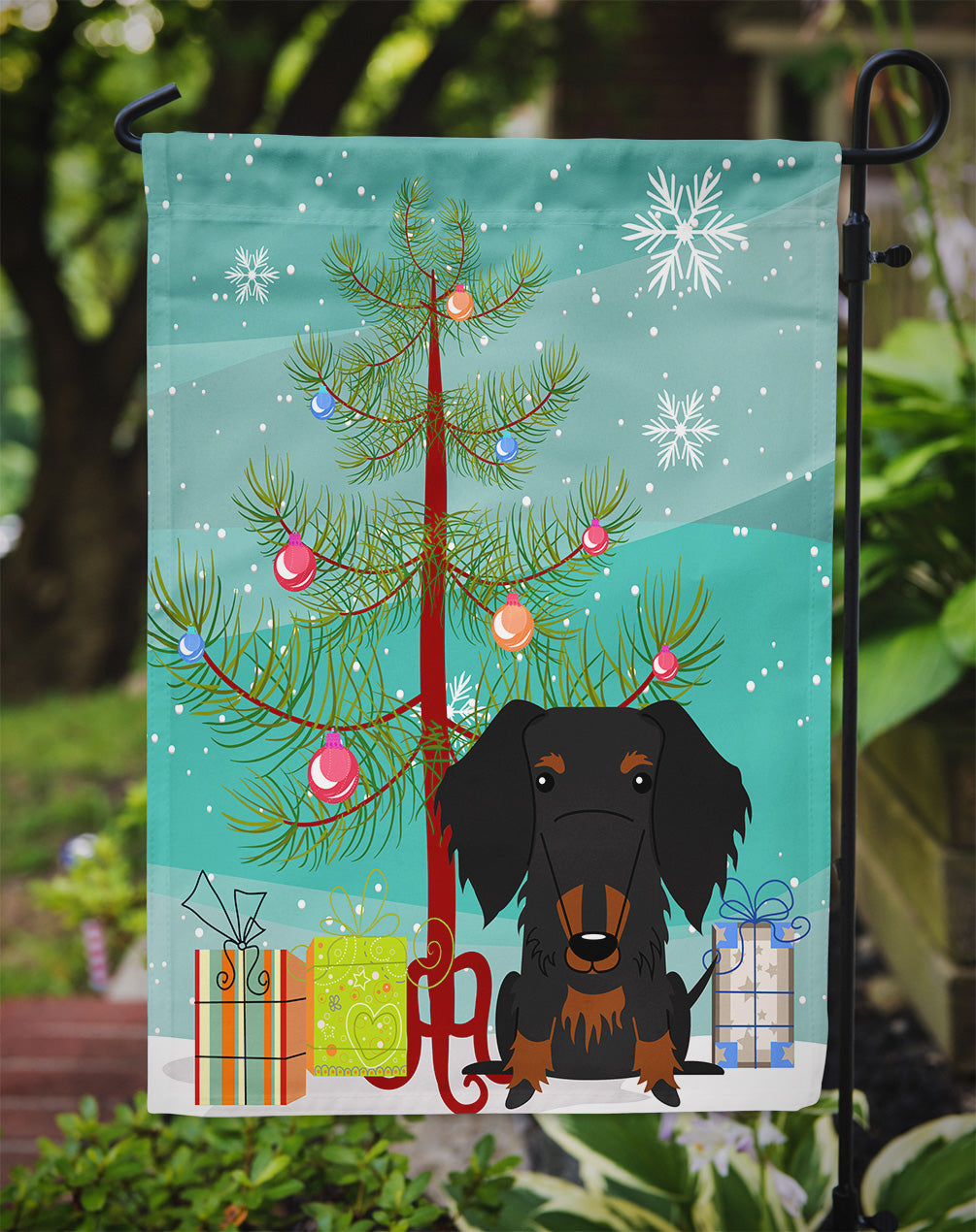 Merry Christmas Tree Wire Haired Dachshund Black Tan Flag Garden Size BB4252GF  the-store.com.