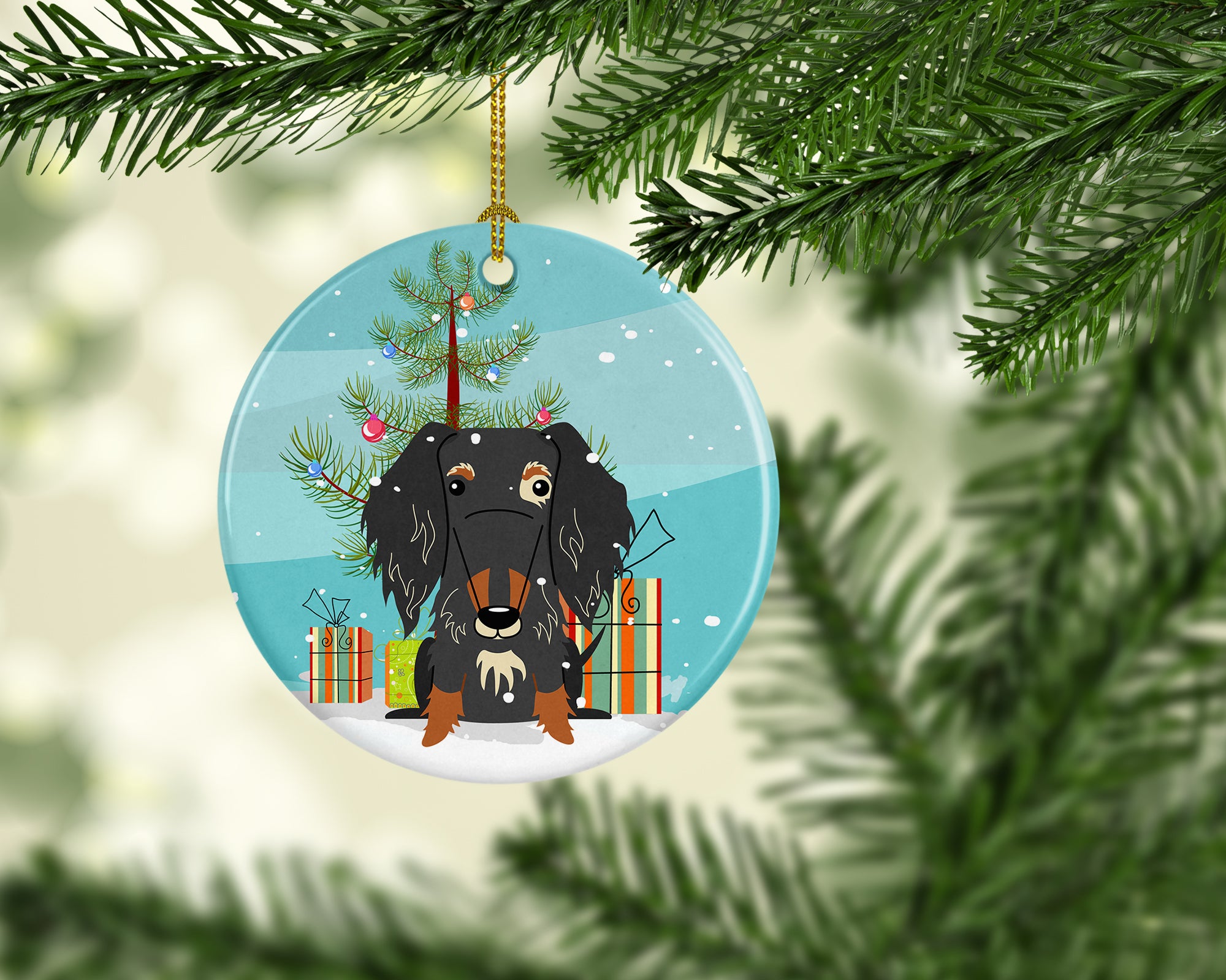 Merry Christmas Tree Wire Haired Dachshund Dapple Ceramic Ornament BB4253CO1 - the-store.com