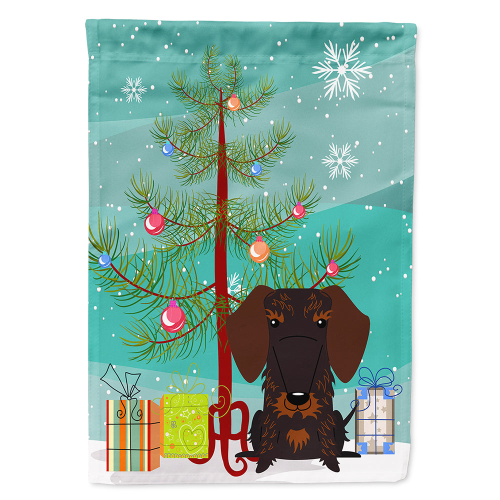 Merry Christmas Tree Wire Haired Dachshund Chocolate Flag Canvas House Size BB4254CHF  the-store.com.