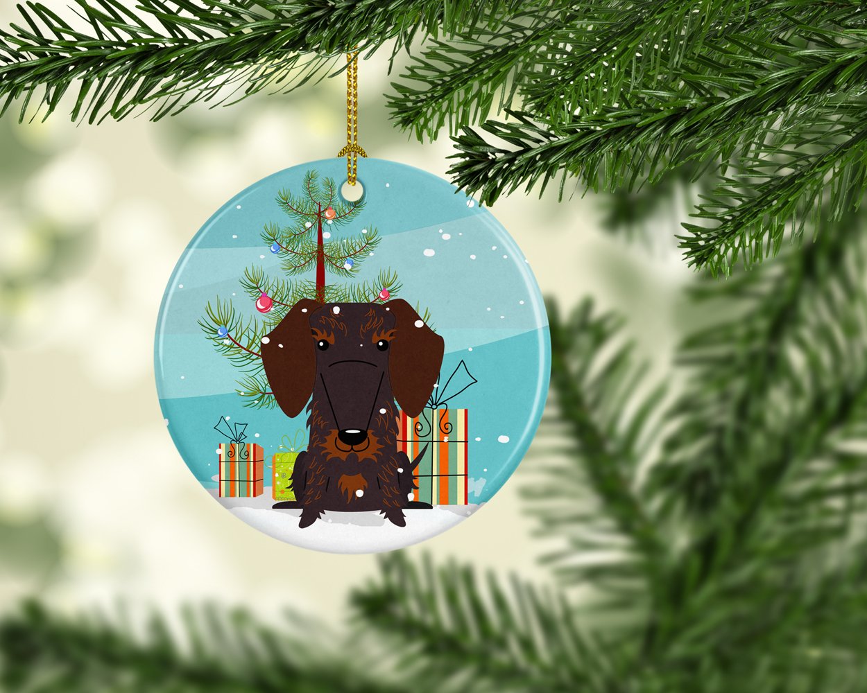 Merry Christmas Tree Wire Haired Dachshund Chocolate Ceramic Ornament BB4254CO1 by Caroline's Treasures