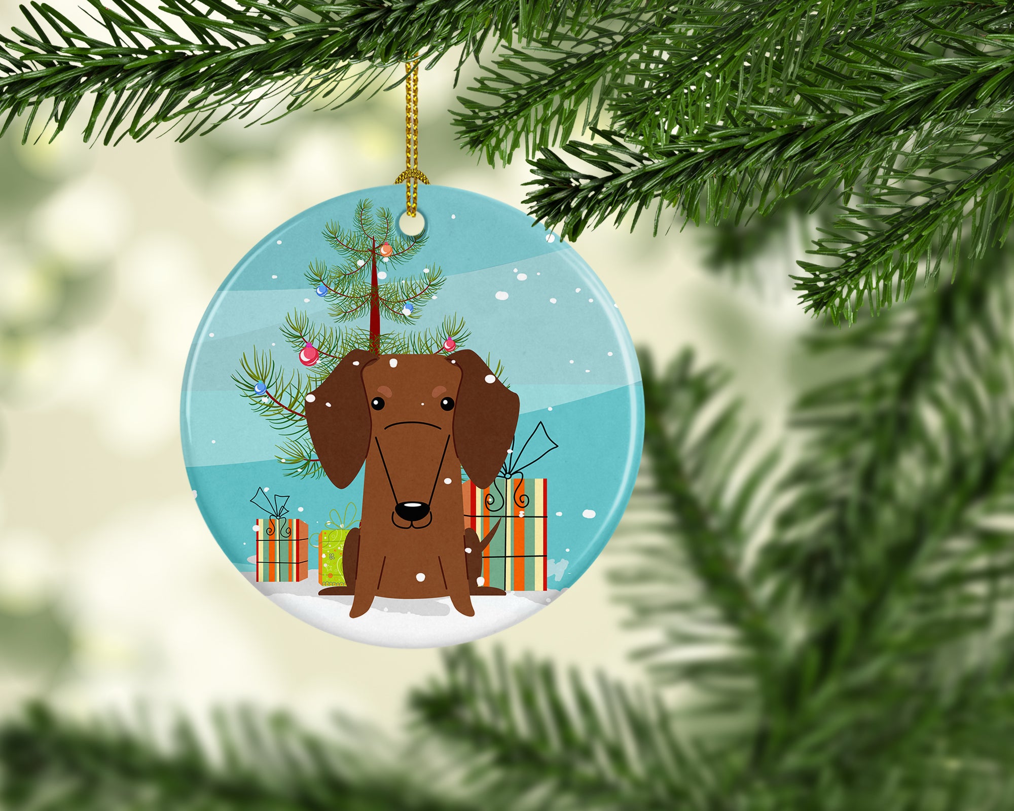 Merry Christmas Tree Dachshund Red Brown Ceramic Ornament BB4255CO1 - the-store.com