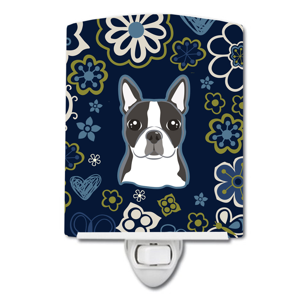 Blue Flowers Boston Terrier Ceramic Night Light BB5054CNL - the-store.com