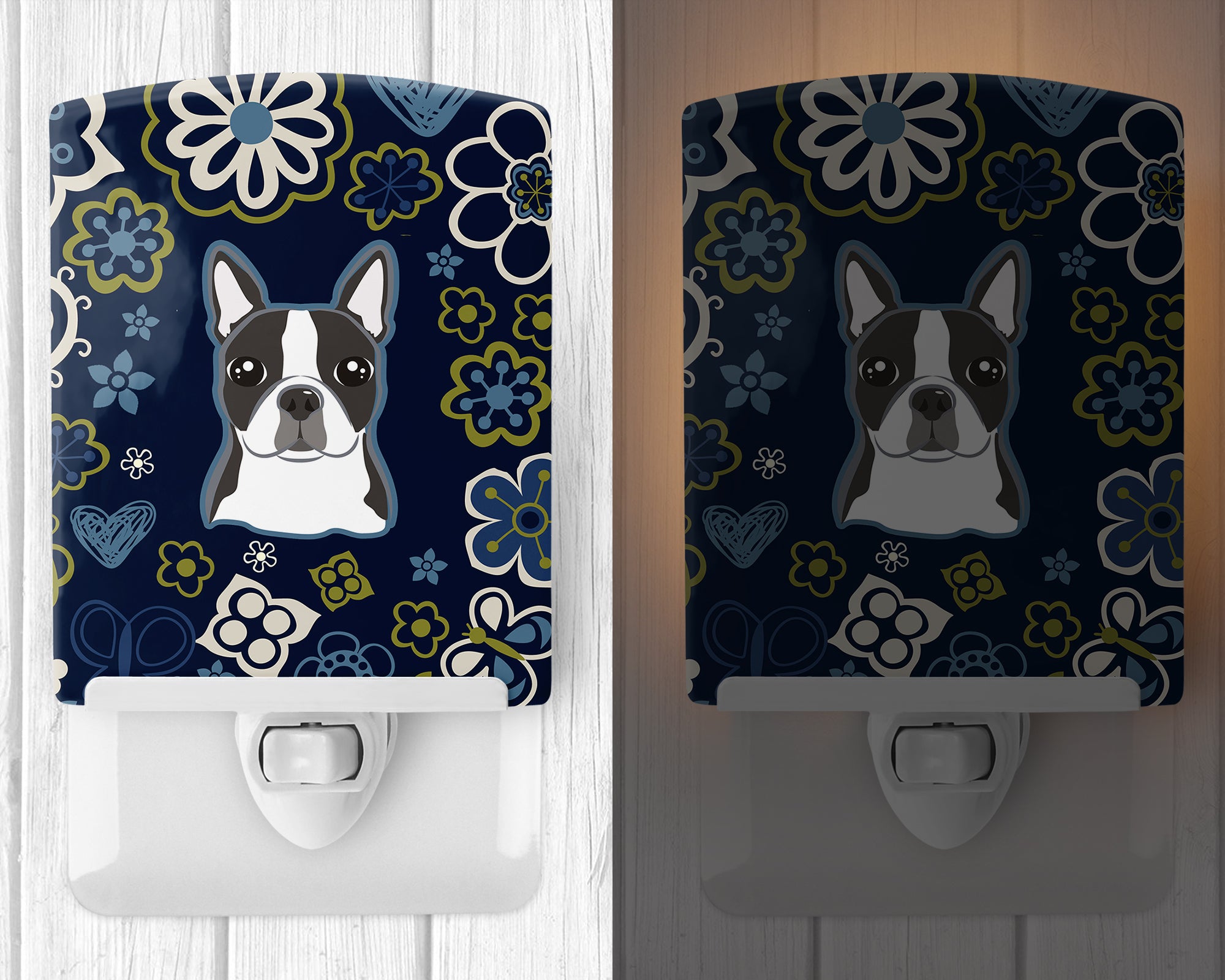 Blue Flowers Boston Terrier Ceramic Night Light BB5054CNL - the-store.com