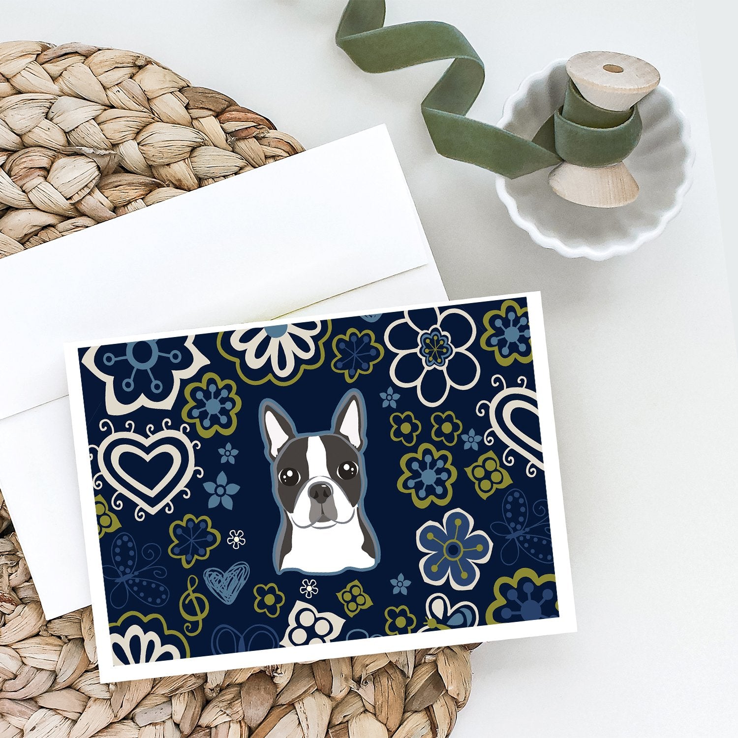 Buy this Blue Flowers Boston Terrier Greeting Cards and Envelopes Pack of 8