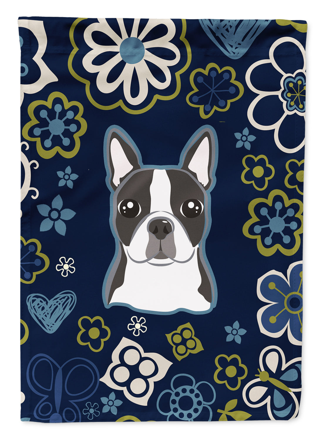 Blue Flowers Boston Terrier Flag Garden Size  the-store.com.